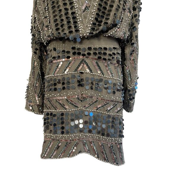 ASOS Design Plunge Neck Sequin Dress Womens Size 8 Gray Gatsby Tie Back Mini - Picture 2 of 9